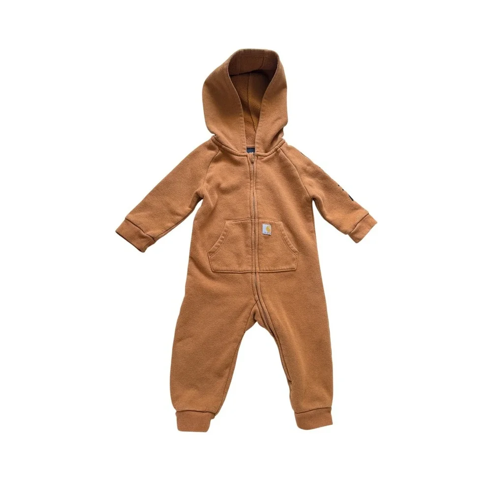 Carhartt Kids baby Orange Brown Full Zip Hooded Fleece Coverall Jumpsuit‎ 9M